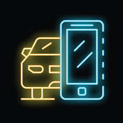 Poster - Neon glowing icon of a smartphone with a car sharing app interface for renting a vehicle on a digital platform
