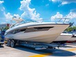 © DudeDesignStudio - White motorboat on trailer with blue sky and clouds in background.