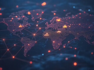 Fototapete - Abstract digital world map with glowing lines and dots representing global connections and data flow.