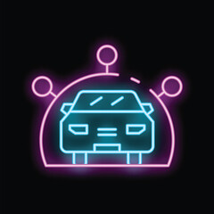 Poster - Neon glowing icon of a self driving autonomous driverless car using a sensor network