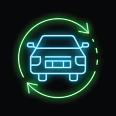 Poster - Neon glowing icon of car surrounded by rotating arrows on black brick wall background