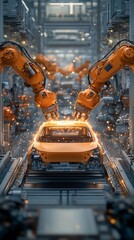 Fototapete - Robotic arms assembling a yellow car on an automated assembly line.