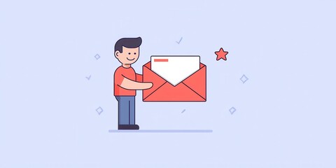 a cheerful man holding an envelope with a star accent, representing communication and connection in 