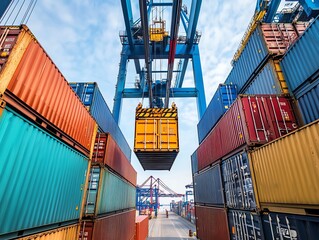 Poster - A crane lifts a container at a busy shipping port, with rows of colorful containers stacked high on either side.