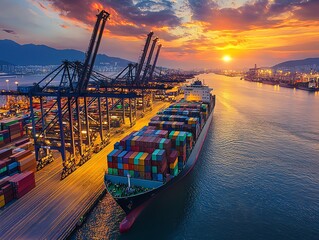 Poster - A large cargo ship loaded with colorful shipping containers is docked at a busy port at sunset. The ship is surrounded by cranes and other port equipment, and there are mountains in the distance.