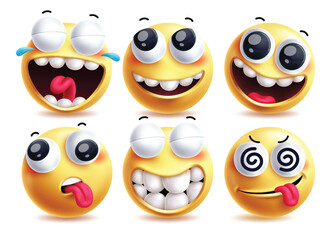 Poster - Naughty emoji clipart vector character set. Emojis with laughing, cute smiling, tired, funny and dizzy facial expressions yellow clip art character in white background. Vector illustration naughty