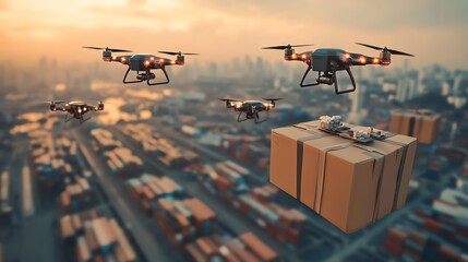 Poster - A fleet of drones deliver a package over a cityscape, with the focus on a large package in the foreground.
