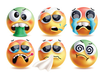 Poster - Sick emoji clipart vector characters set. Illness emojis like vomiting, cough, sob, fever, sneezing and dizziness facial expression 3d characters in white background. Vector illustration sick emojis 