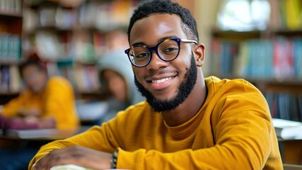 Poster - This young man with glasses sits at a desk, smiling while studying in a vibrant library.