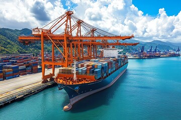 Poster - A large container ship is docked at a busy port, with cranes loading and unloading cargo containers.
