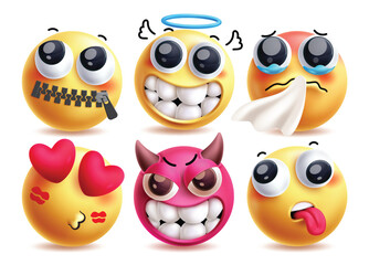 Poster - Dumb emoji vector characters set. 3d emojis like quiet, angel, sneezing, in love, devil and tired facial expression clip art character in white background. Vector illustration dumb emojis collection 