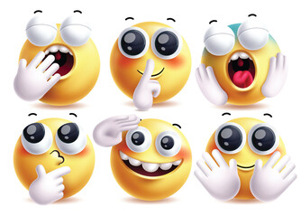 Poster - Emoji hands vector characters set. Emojis hand gesture, thinking, salute and waving pose for 3d graphic yellow clip art character. Vector illustration emojis collection set.

