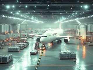 Poster - A white airplane is parked in a large hangar with many cargo boxes around it.