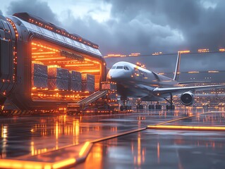 Poster - Futuristic cargo plane being loaded with boxes in an airport hangar.