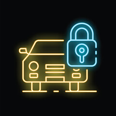 Poster - Neon icon of a car with a padlock, symbolizing car safety, security, and anti theft systems