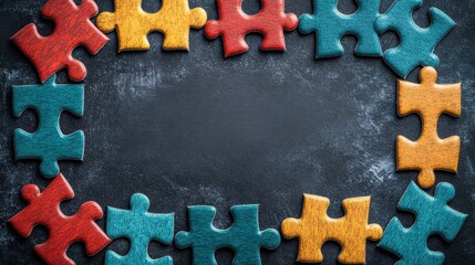 Colorful Puzzle Pieces Frame on Dark Background