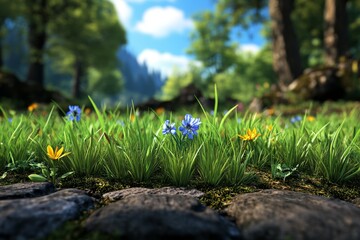 3d-rendered patch of grass with highly detailed blades and a few scattered wildflowers