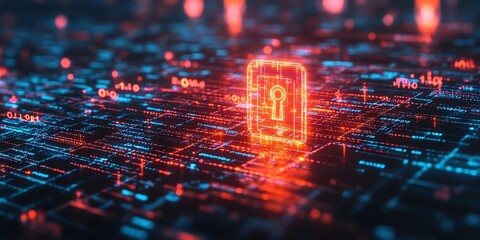 Aufkleber - A glowing padlock icon rests on a digital network background of binary code, representing online security.