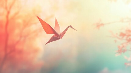 Poster - beautiful origami crane in soft pastel background