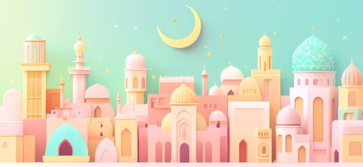 Poster - ector illustration of Ramadan Kareem banner with Arabic-style buildings and a crescent moon, in pastel colors, simple shapes, and a flat design.