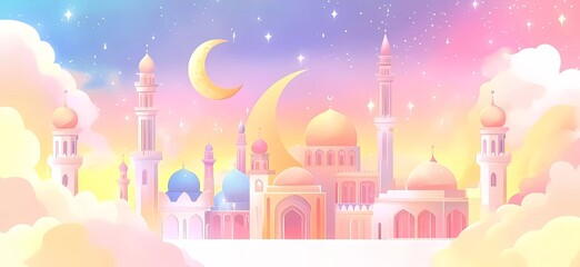 Poster - ector illustration of Ramadan Kareem banner with Arabic-style buildings and a crescent moon, in pastel colors, simple shapes, and a flat design.