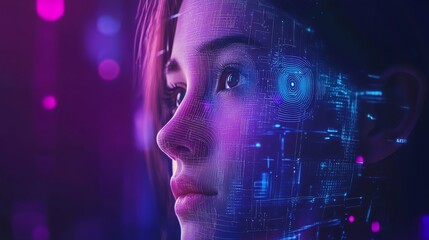 Leinwandbilder - A woman's face with a futuristic digital overlay, looking up with a contemplative expression.  The image is rendered in a vibrant, neon-like style, with purple and blue hues.
