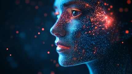 Aufkleber - A woman's face is rendered in a futuristic style, with glowing lines of code forming a mesh over her skin.