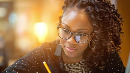 Poster - This focused woman takes notes as she studies in a quiet library space filled with books.