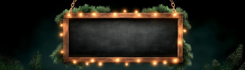 Wall Mural - Rustic chalkboard christmas scene, twinkling lights and fresh pine branch decoration for festive holiday cheer