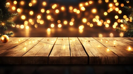 Wall Mural - Glowing christmas lights adorn a rustic wooden table, creating warm and festive holiday atmosphere