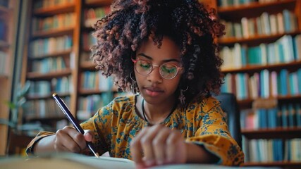 Poster - This woman writes notes while seated at a wooden table in a cozy library.