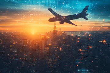 Leinwandbilder - An airplane soars over a city skyline at sunset, with a digital overlay of connected data points.
