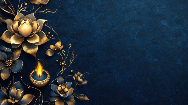 Elegant Diwali card with floral pattern and golden diya, set on a dark royal blue background