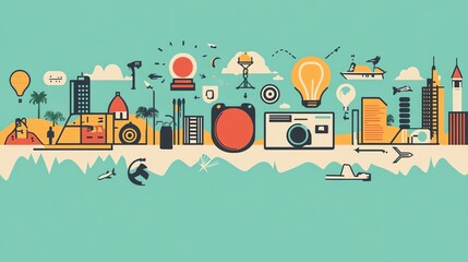 Fototapete - Colorful illustration of a cityscape with various icons and symbols representing creativity, innovation, and technology.