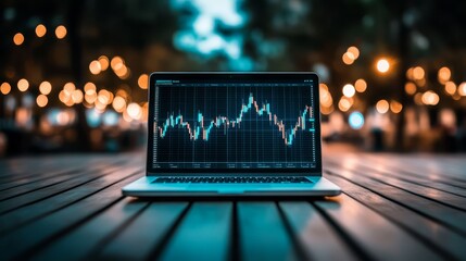 Wall Mural - Stock market chart displayed on laptop, analyzing investment trends and financial data