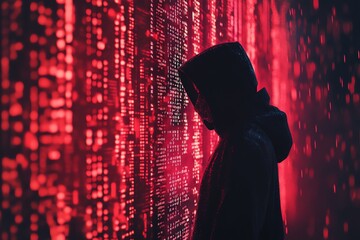 Aufkleber - A hooded figure stands before a wall of glowing red binary code, their identity hidden in the shadows, creating a sense of mystery and intrigue.