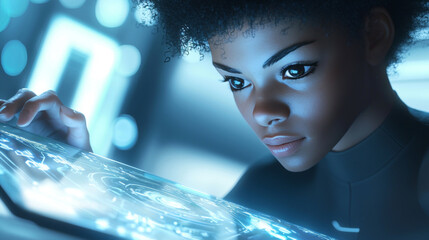 Poster - Black female scientist touching and interacting with futuristic transparent display showing charts, data visualizations and other information in a technological laboratory