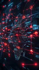 Poster - A digital representation of the world with interconnected lines and red circles, suggesting a network of global connections and data flow.