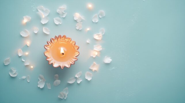 Simple Diwali card with festive diya and 'Happy Diwali' in calligraphy on a soft pastel blue background