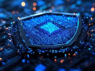 Aufkleber - A glowing blue digital shield sits on a circuit board, representing cyber security and data protection.