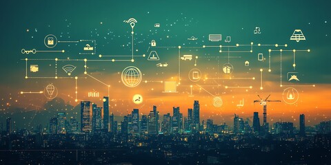 Fototapete - Smart city skyline with digital technology icons at sunset.