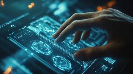 Poster - Close up of hand touching virtual screen. Futuristic technology concept. - Generated AI