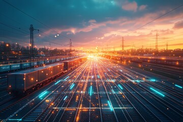 Poster - A train track with a digital overlay of lines and light streaks. The sun is setting in the distance, casting a warm glow on the scene.