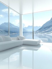 Wall Mural - A minimalist white interior with sleek glass walls, perfect for creating an open and airy feel in the living room of your villa or apartment. generative ai