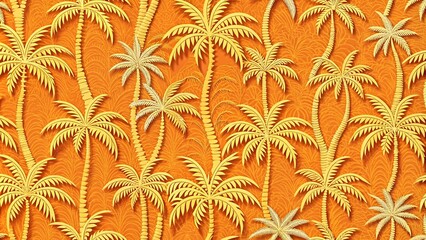 Wall Mural - an intricate pattern of golden palm trees layered against a textured orange background, creating a s