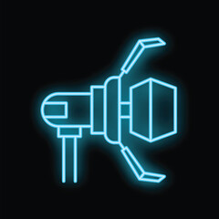 Poster - Glowing blue neon sign of a robotic arm holding a cube on a black background