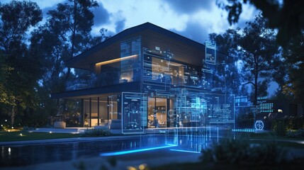 Poster - 3d rendering of modern house with neon lights and digital interface on screen - Generated AI
