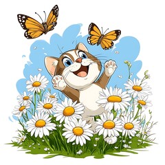 Cheerful Cat Chasing Butterflies in a Flower Field