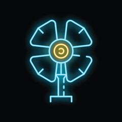 Poster - Bright neon fan icon glowing on dark background, concept of ventilation or cooling system