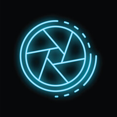 Poster - blue neon icon of a camera shutter aperture diaphragm glowing on a black background